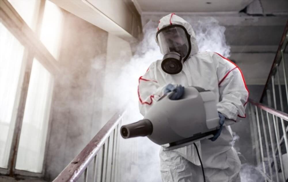 Meth decontamination process showing specialist equipment and surface treatment